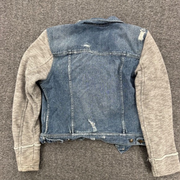 Free People Hooded Denim Jacket Blue Distressed Mixed Media Knit Sleeves Large - Picture 10 of 10